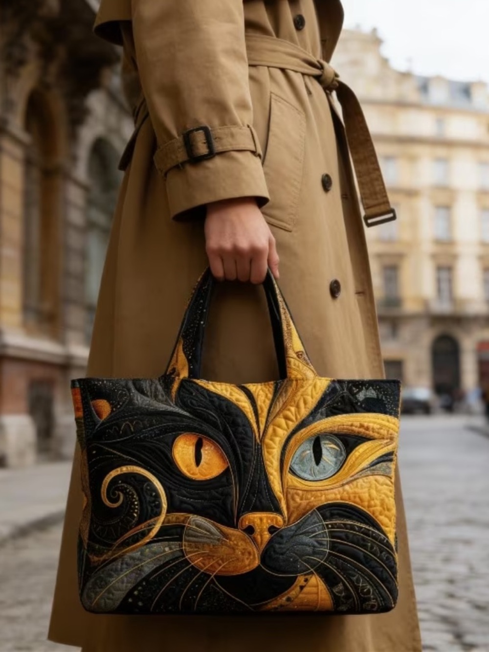 NEW Quilted Extra Large Cat Travel Tote Bag Black Orange - Picture 5 of 8
